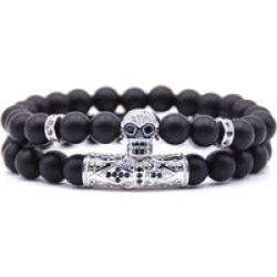Natural Black Matte Agate Stone Silver Skull & Ancient Scroll