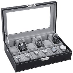 Bewishome Watch Box Organizer 12 Men Display Storage Case Metal Hinge Black Pu Leather Glass Top SSH03B