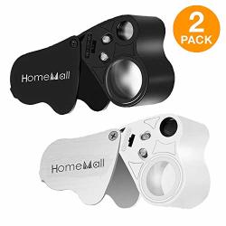 Homemall 2 Pack 30X 60X Illuminated Jeweler Eye Loupe Dual Lens Foldable Jewelry Magnifiers With LED Light For Gems Jewelry Coins Stamps Antiques Models White & Black