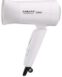 Sokany Foldable MINI Hair Dryer White- Compact Lightweight 1000W Power Rated 2 X Speed Settings Styling Nozzle Attachment Foldable Handle Colour White Retail Box