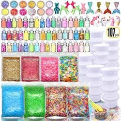 107PCS Slime Kit Supplies Stuff Include Foam Beads Fishbowl Beads Glitter Jars Paper Sugar Accessories Slime Charms Shell Slime Containers With Lids