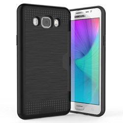 Samsung Galaxy J7 2016 Case Asgens Card Slot Brushed Metal Texture Heavy Duty Rugged Shock Absorption Durable Silicone Rubber Shockproof Dual Layer Protective Case