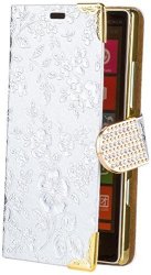Nokia Lumia 930 Icues Chrome Flower Wallet Silver Screen Protector Included Floral Folio Flip Case Crystal Diamond Rhinestone Bling Glitter Women Girl