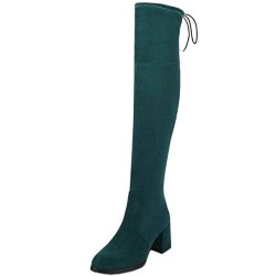 Razamaza Women Fashion Thigh High Boots Block High Heel Long Boots Zipper Above Knee Boots Molvse Size 48 Asian Dark Green