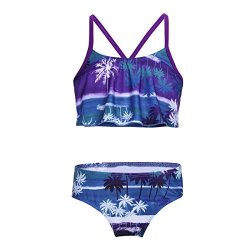 Iiniim Big Girls Youth Two Piece Tie-dye Tankini Swimsuit Bikini Bathing Suit Halter Top With Boyshort swim Briefs Tropical Purple 12