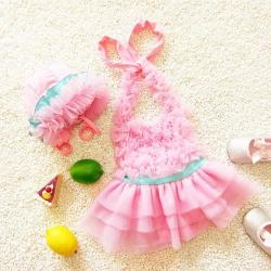 Baby Girl Princess Lace Bowknot Bikini Set Siamese Dress Cute Swimsuit With Hat Size: M Pink