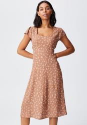 Cotton On Woven Cleo Tie Back Midi Dress - Riddle Ditsy Leaf Brown